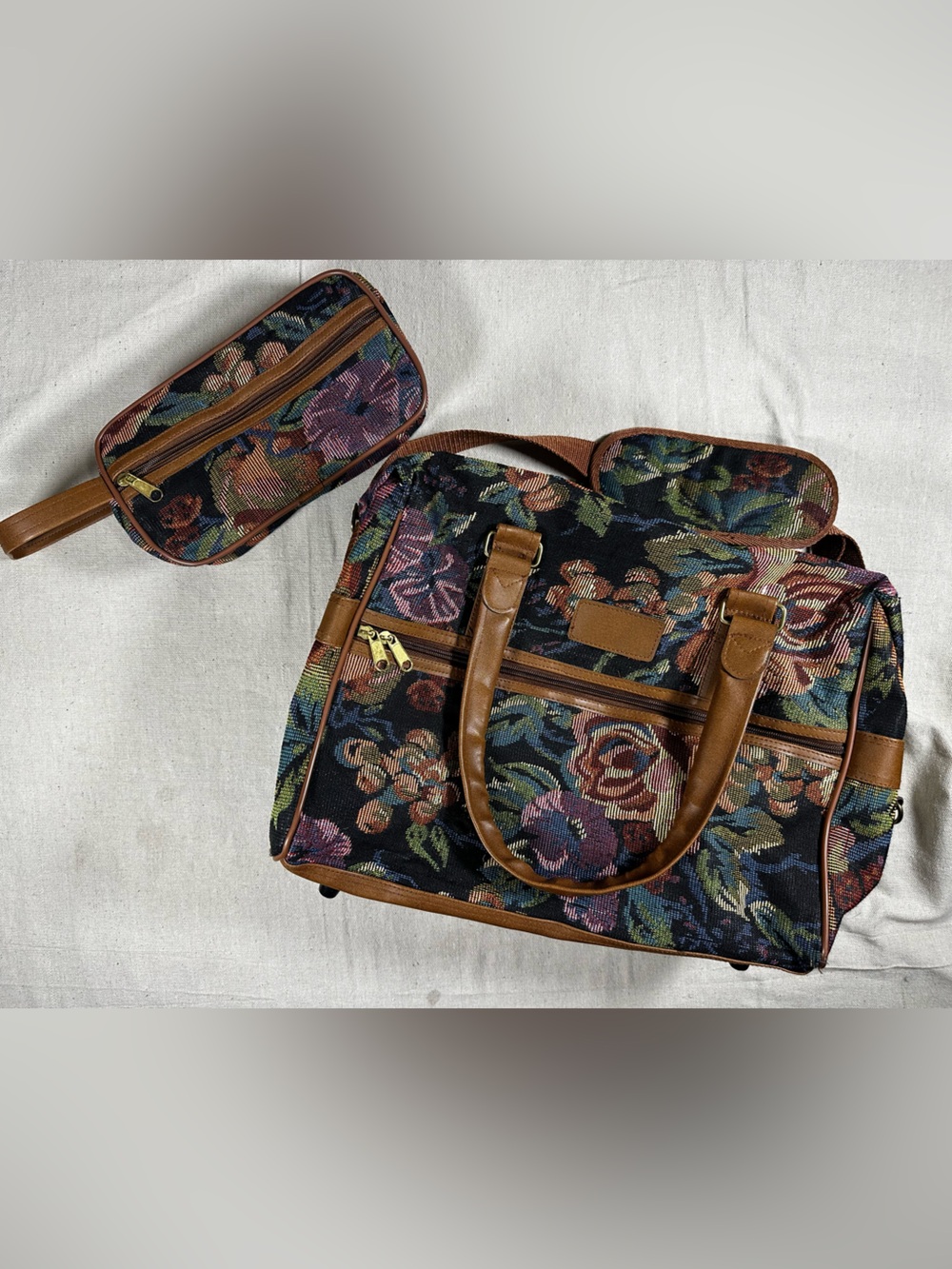 Floral Tapestry Toiletry Bag Set with Brown Trim - Womens Travel Kit